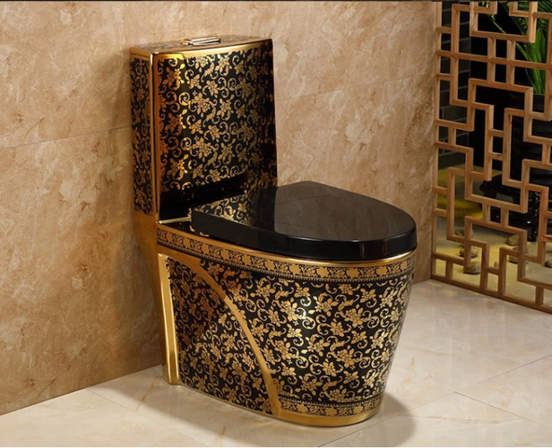 陶瓷地板安装中国卫生洁具黑色金色金厕所与基座盆